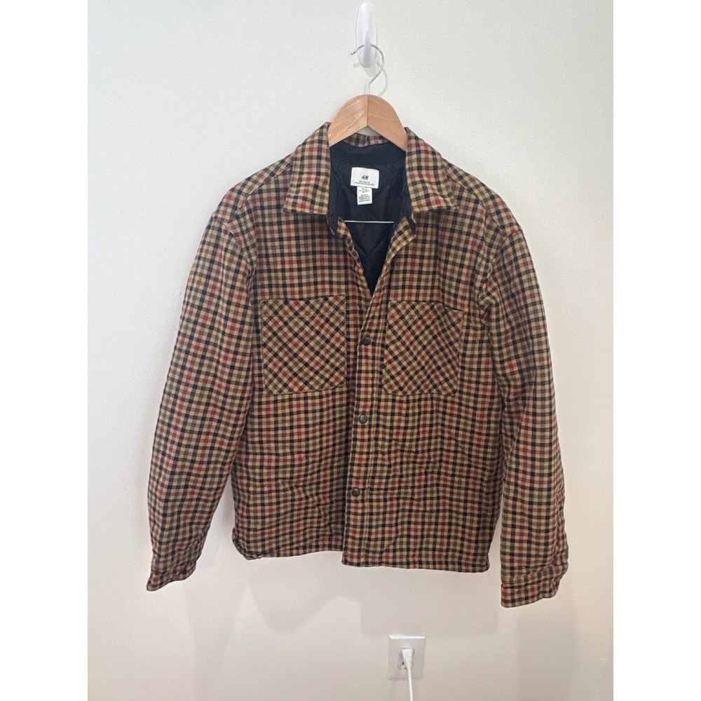 HM Womens‎ Relaxed Fit Plaid Quilted Lined Flannel Shirt Jacket Brown Tan Medium